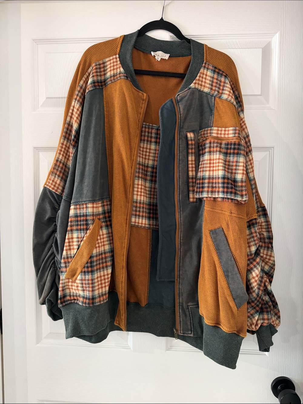 Oli & Hali Patchwork Oversized Bomber Jacket in Mustard & Slate